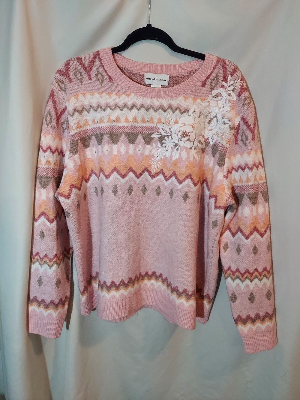 Alfred Dunner Telluride Fair Isle Floral Embroidered Rhinestone Sweater Pink XL